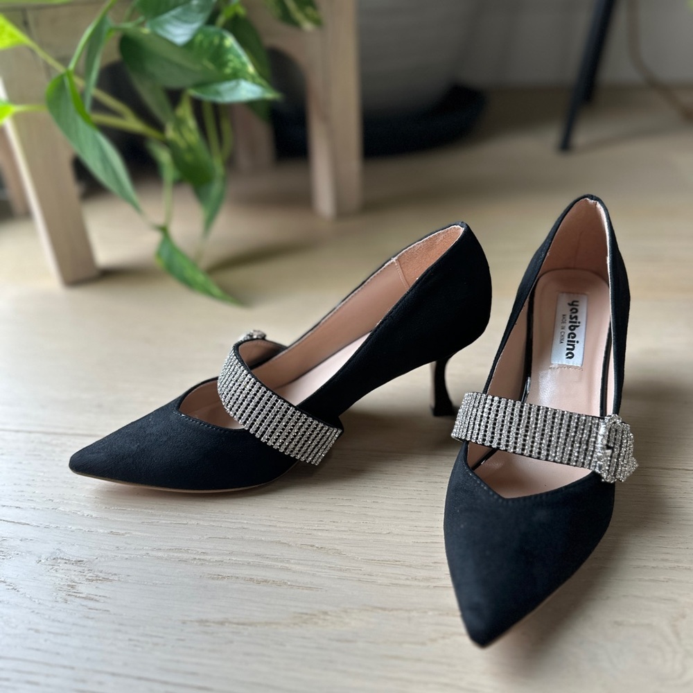 Black suede Heels with Rhinestone Strap size 40/9